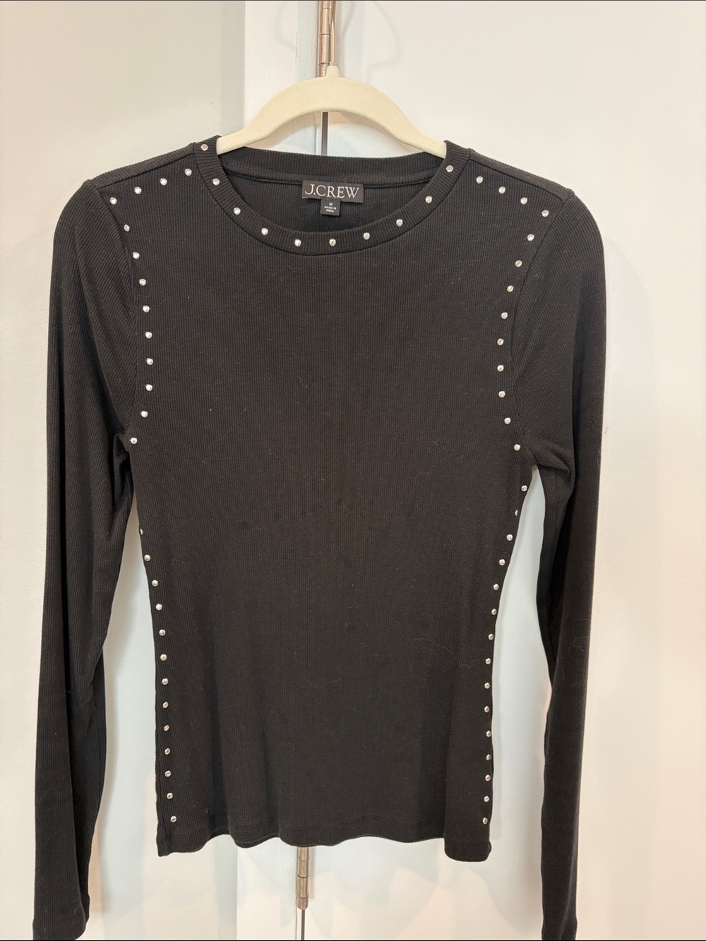 J. Crew Black Long-Sleeve Studded Crewneck Top